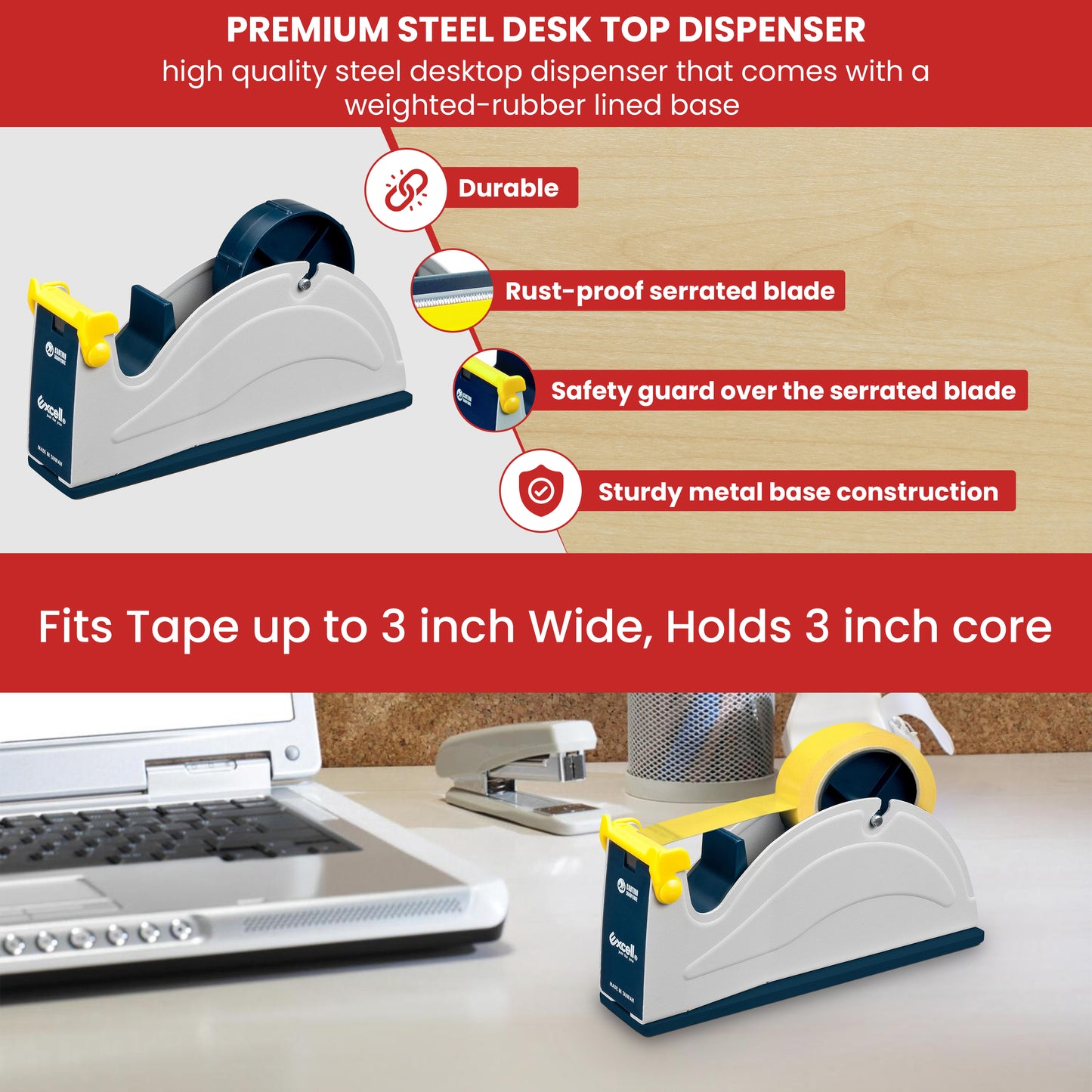 Excell ET-7 Blue/Grey Premium Steel Desk Top Tape Dispenser