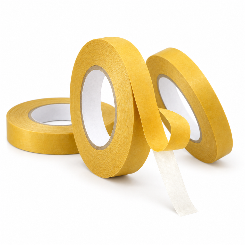 Yellow-lined double-coated tissue tape rolls with a section unwound