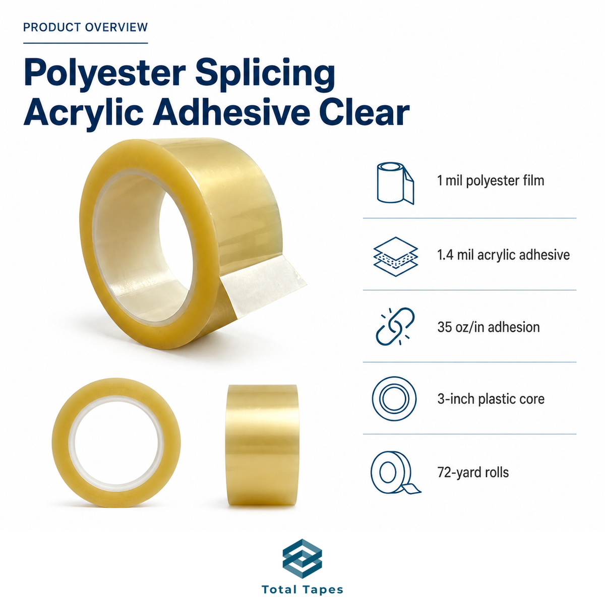 Product overview graphic for Total Tapes Polyester Splicing Acrylic Adhesive Clear tape, showing three rolls of transparent gold tape on a white background with technical specifications listed on the right.