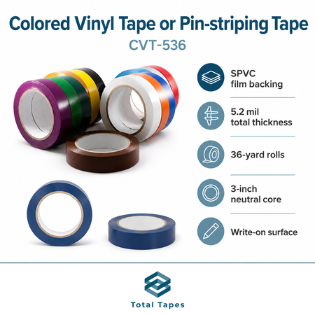 Promotional product graphic for Total Tapes colored vinyl tape, model CVT-536. The image shows multiple rolls of tape in different colors (purple, green, yellow, black, white, orange, brown, and blue) with feature callouts on the right including SPVC film backing, 5.