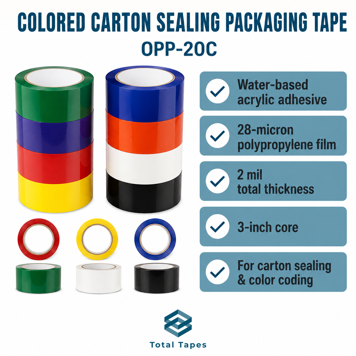 Promotional product graphic for colored carton sealing packaging tape, model OPP-20C, showing multiple rolls of tape in green, blue, red, yellow, white, orange, and black. Text on the right lists product features: water-based acrylic adhesive, 28-micron polypropylene film, 2 mil total thickness, 3-inch core, and suitability for carton sealing and color coding.