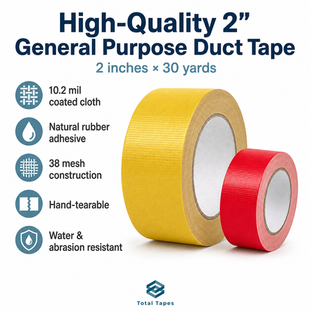 Two rolls of Total Tapes high-quality 2-inch general purpose duct tape, one yellow and one red, displayed on a white background with product feature icons and text.