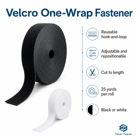 Velcro One-Wrap Fastener shown as two rolls on a white background, one black and one white, with feature callouts including reusable hook-and-loop, adjustable and repositionable, cut to length, 25 yards per roll, and black or white options. The Total Tapes logo appears at the bottom right.