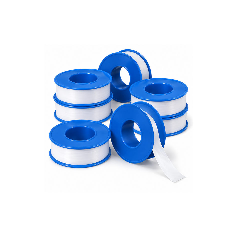 White PTFE thread-seal tape rolls on blue plastic spools