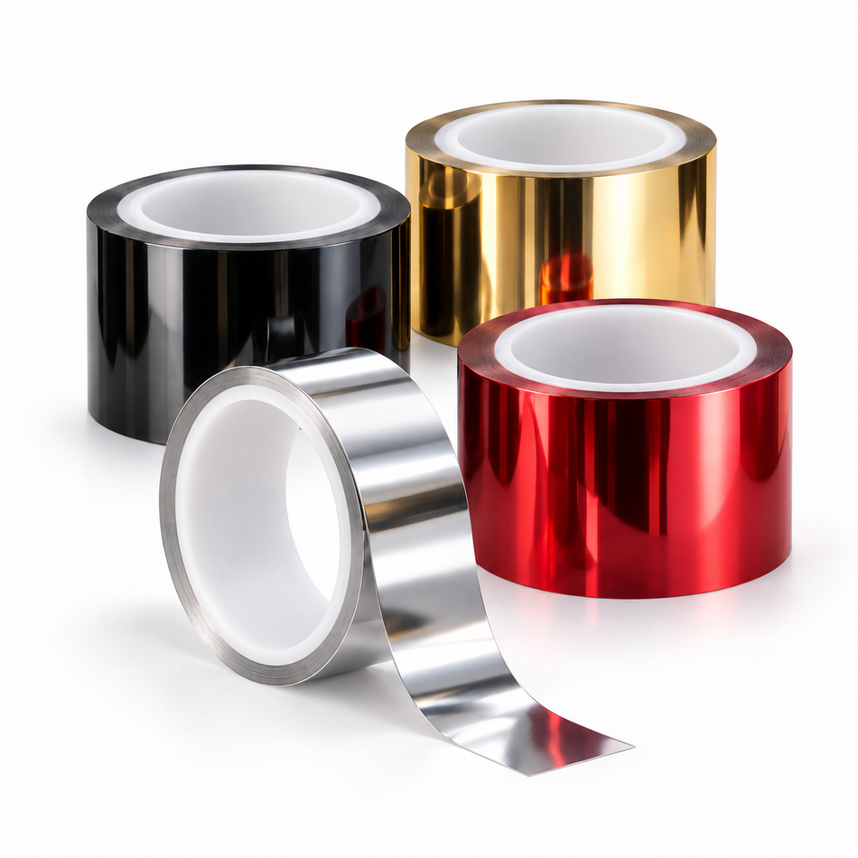 Black, gold, red, and silver metallized polyester tape rolls