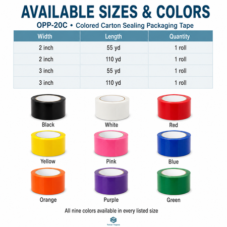 A size and color chart for OPP-20C colored carton sealing packaging tape. The top section shows a table with available widths, lengths, and quantities, while the bottom displays nine rolls of tape in black, white, red, yellow, pink, blue, orange, purple, and green, each labeled with its color name.