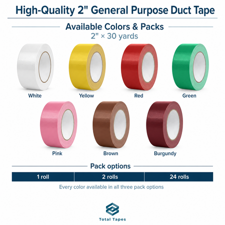 A product information graphic for Total Tapes showing 2-inch general purpose duct tape rolls in multiple colors. The graphic displays white, yellow, red, green, pink, brown, and burgundy rolls, each labeled with its color name.