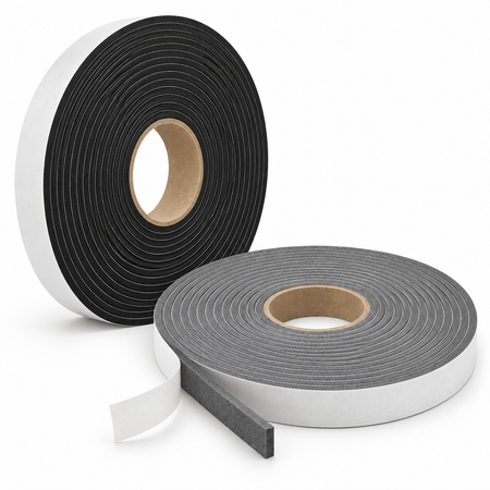 Upright black foam tape roll beside a flat gray roll