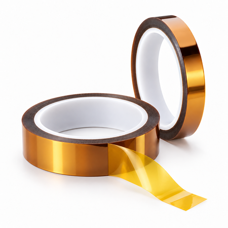 Amber polyimide tape rolls arranged upright and flat