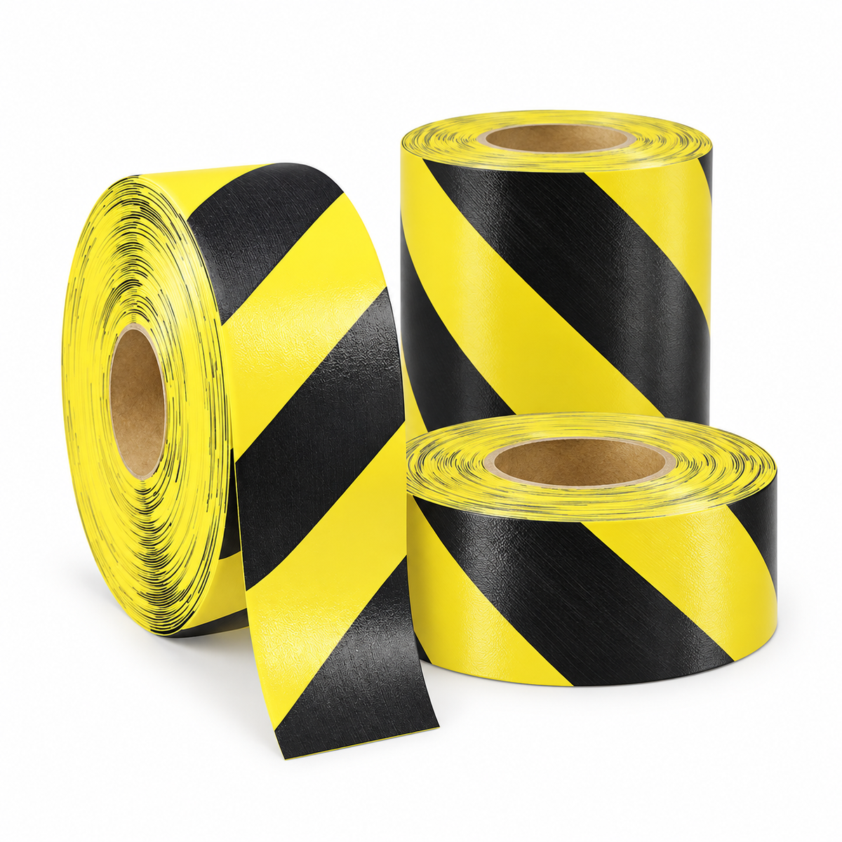 Three black-and-yellow cable-cover tape rolls in assorted widths