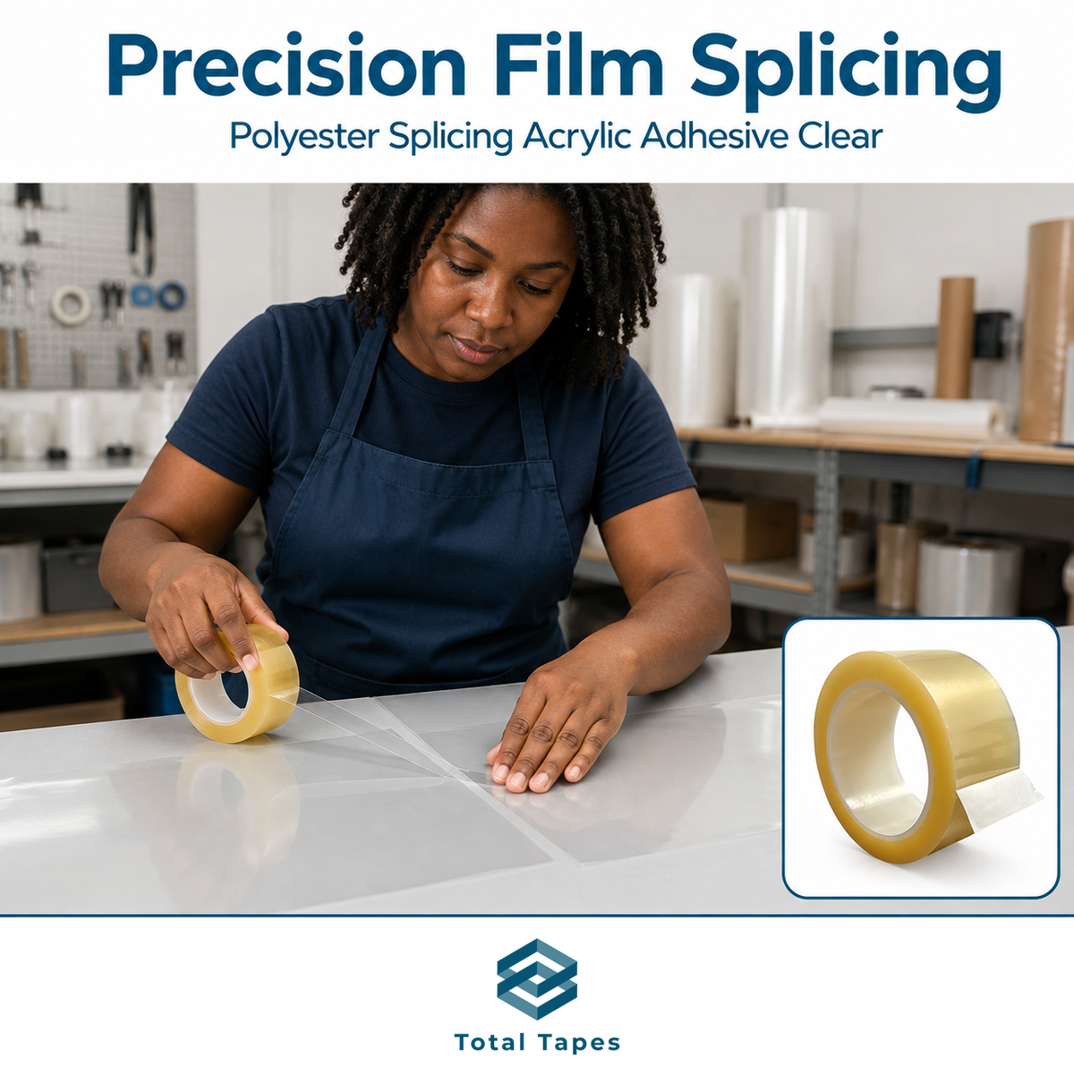 A woman in a navy apron works at a table, applying clear spliced film tape to a glossy surface. The image includes the text 'Precision Film Splicing' and 'Polyester Splicing Acrylic Adhesive Clear,' plus a product inset showing a roll of clear adhesive film tape.