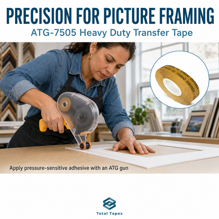 Illustration of adhesive transfer tape being applied during picture framing