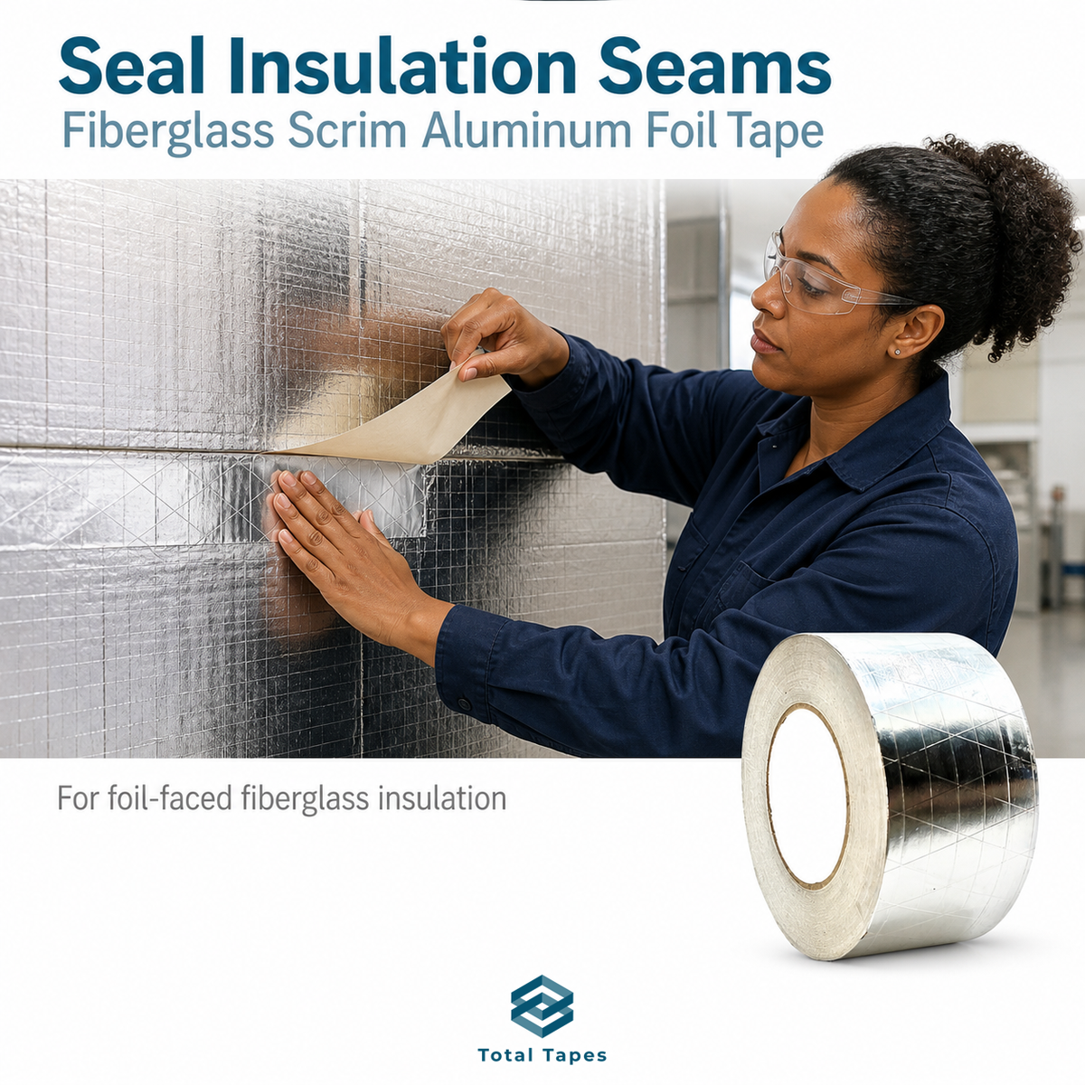 A woman in a navy work shirt applies silver foil-faced fiberglass scrim tape to a reflective insulation panel. A large roll of the same tape is shown in the lower right, with text reading 'Seal Insulation Seams' and 'Fiberglass Scrim Aluminum Foil Tape' above, and the Total Tapes logo at the bottom.