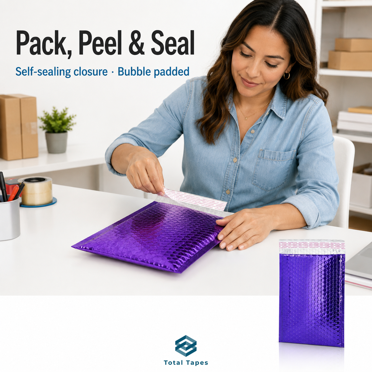 A woman at a desk demonstrates a purple bubble mailer envelope with a self-sealing tape closure. The image includes text overlays reading 'Pack, Peel & Seal' and 'Self-sealing closure • Bubble padded', along with a small inset showing the sealed purple bubble package and the Total Tapes logo at the bottom.