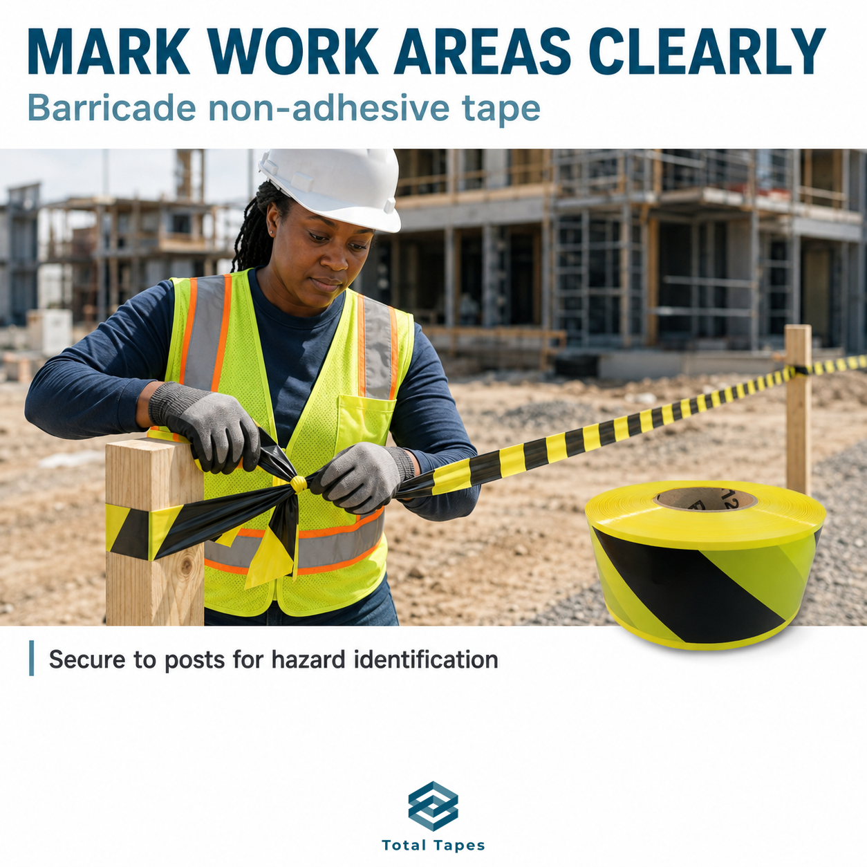 A person at a construction site applies black-and-yellow barricade tape to a wooden post, with a large spool of the same tape shown beside them. Text at the top reads 'MARK WORK AREAS CLEARLY' and 'Barricade non-adhesive tape,' with a Total Tapes logo at the bottom.
