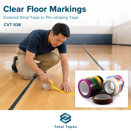 A man kneels on a wooden indoor court floor marking black tape with colored vinyl tape rolls shown in an inset. Large text reads 'Clear Floor Markings' and 'Colored Vinyl Tape or Pin-striping Tape' with model CVT-536.
