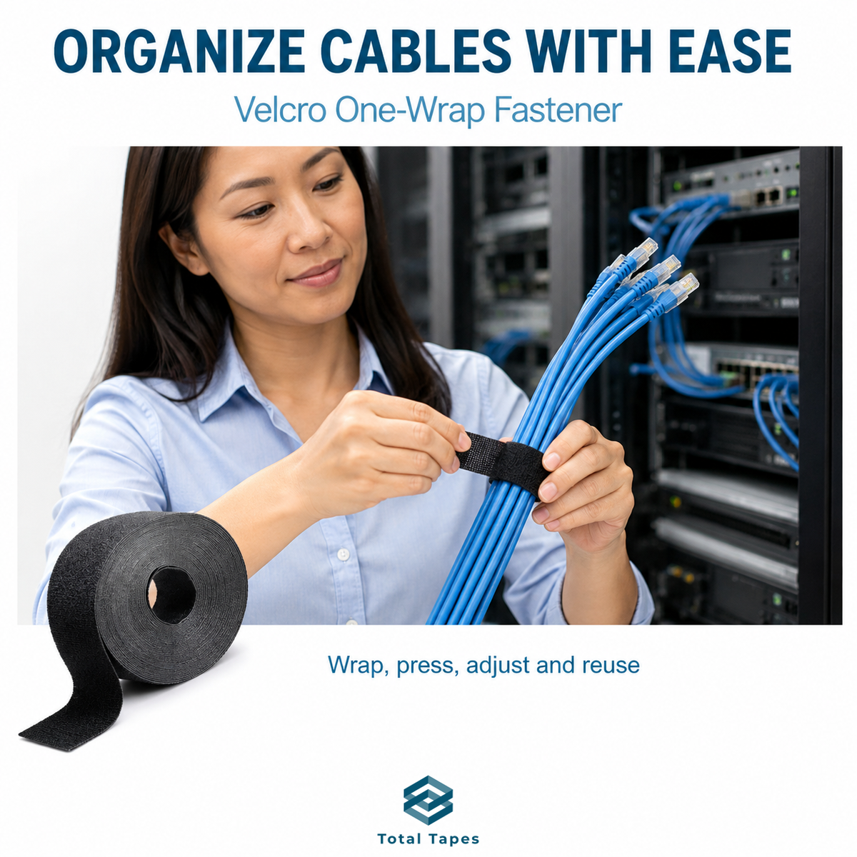 A woman in a server room wraps blue Ethernet cables with a black Velcro One-Wrap fastener, with a roll of the same black tape shown in the foreground. Text at the top reads 'ORGANIZE CABLES WITH EASE Velcro One-Wrap Fastener' and the Total Tapes logo appears at the bottom.