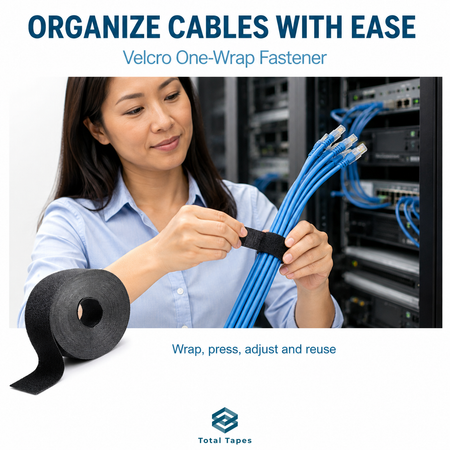 A woman in a server room wraps blue Ethernet cables with a black Velcro One-Wrap fastener, with a roll of the same black tape shown in the foreground. Text at the top reads 'ORGANIZE CABLES WITH EASE Velcro One-Wrap Fastener' and the Total Tapes logo appears at the bottom.