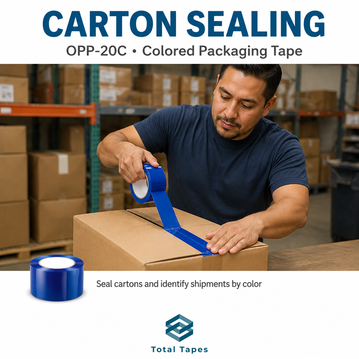 A man in a warehouse seals a brown cardboard box with blue colored packaging tape. The image includes the text 'CARTON SEALING OPP-20C • Colored Packaging Tape' at the top, a roll of blue tape at the bottom left, and the Total Tapes logo at the bottom.