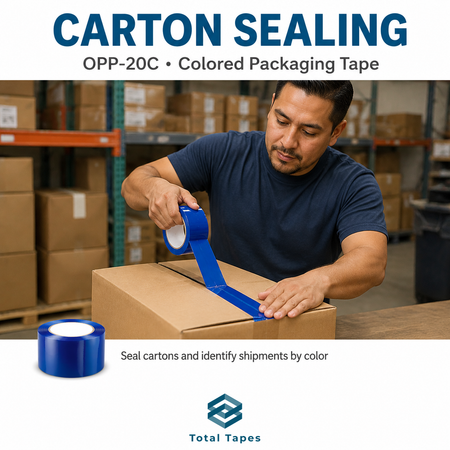 A man in a warehouse seals a brown cardboard box with blue colored packaging tape. The image includes the text 'CARTON SEALING OPP-20C • Colored Packaging Tape' at the top, a roll of blue tape at the bottom left, and the Total Tapes logo at the bottom.