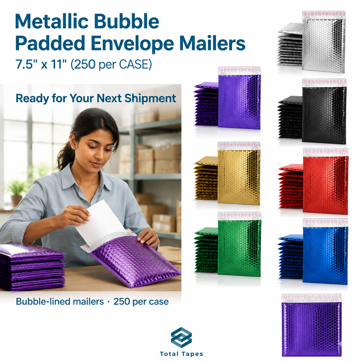 Promotional graphic for metallic bubble padded envelope mailers by Total Tapes, showing stacks of colorful bubble mailers and a woman sealing a package. Text reads 'Metallic Bubble Padded Envelope Mailers, 7.