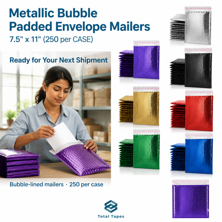 Promotional graphic for metallic bubble padded envelope mailers by Total Tapes, showing stacks of colorful bubble mailers and a woman sealing a package. Text reads 'Metallic Bubble Padded Envelope Mailers, 7.