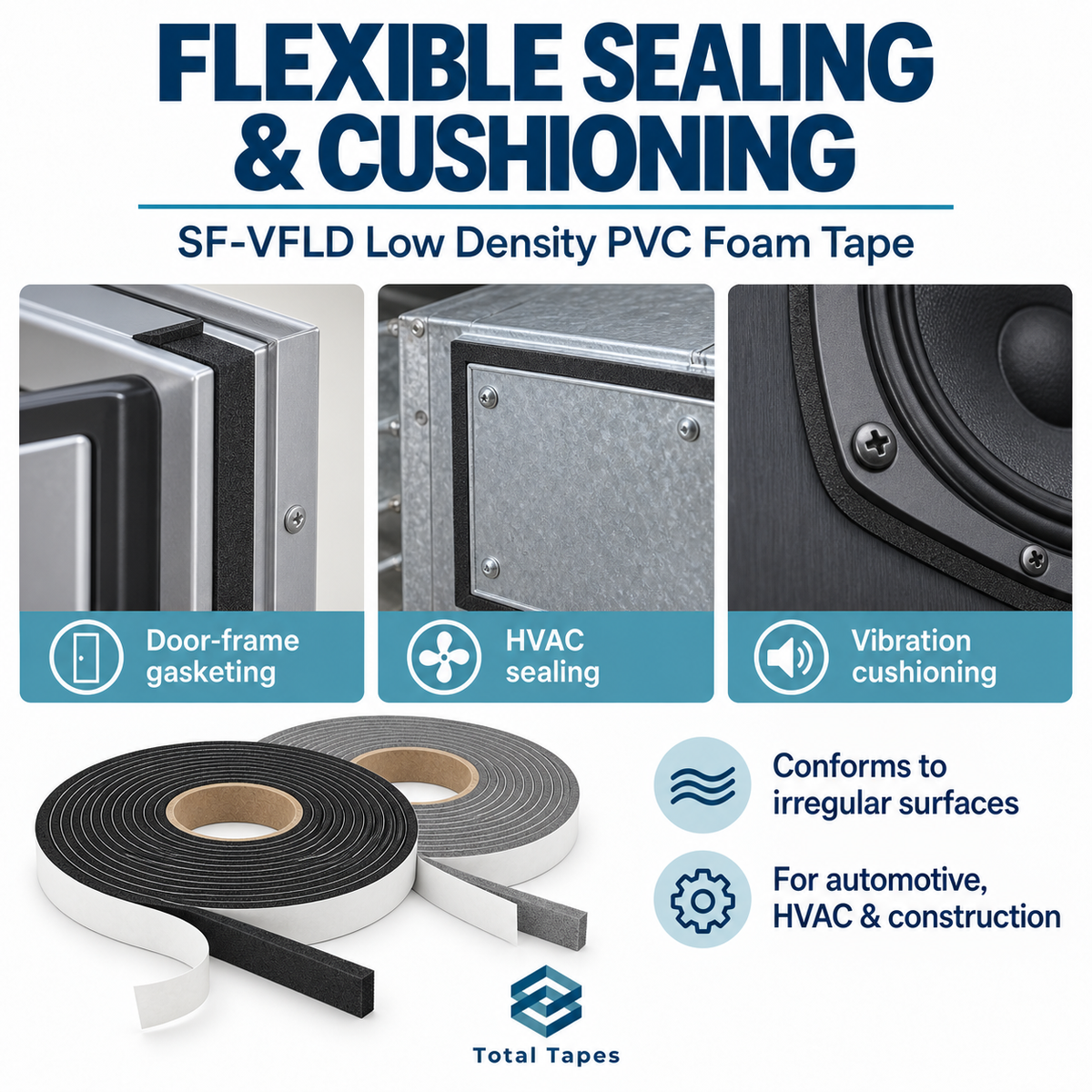 PVC foam tape application collage for door-frame gasketing, sealing, and cushioning