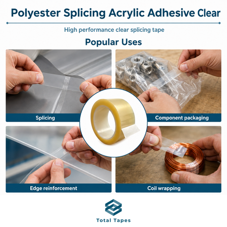 Promotional graphic for Total Tapes Polyester Splicing Acrylic Adhesive Clear tape, showing a roll of clear splicing tape in the center and four inset photos demonstrating uses: splicing, component packaging, edge reinforcement, and coil wrapping.