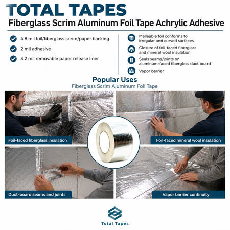 Promotional graphic for Total Tapes Fiberglass Scrim Aluminum Foil Tape, showing the product roll, text features, and four application photos of workers sealing fiberglass and mineral wool insulation panels.
