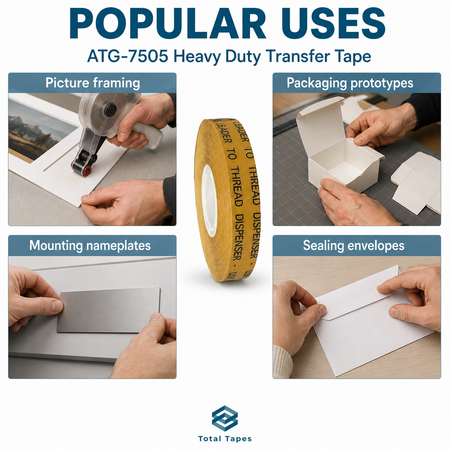 Promotional graphic for ATG-7505 heavy duty transfer tape by Total Tapes, showing a roll of yellow tape in the center and four usage panels around it for picture framing, packaging prototypes, mounting nameplates, and sealing envelopes.