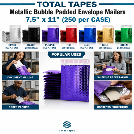 Promotional graphic for Total Tapes Metallic Bubble Padded Envelope Mailers, showing multiple color options (Silver, Black, Purple, Red, Blue, Gold, Green) and usage images for document mailing, shipping preparation, and order packing.