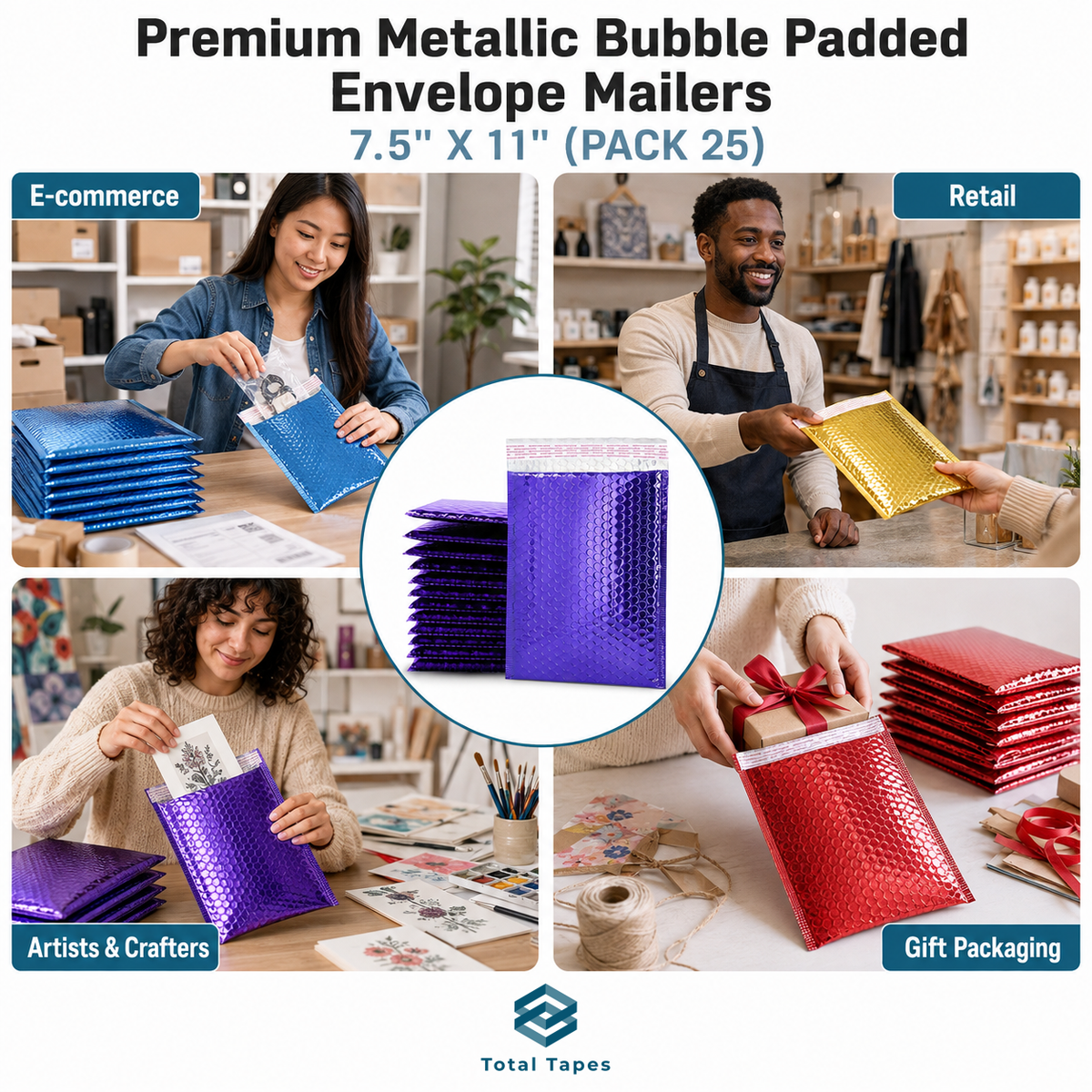Promotional collage for Total Tapes Premium Metallic Bubble Padded Envelope Mailers, showing the product in a stack and a circular inset, with lifestyle scenes of people using blue, gold, purple, and red mailers for e-commerce, retail, artists/crafts, and gift packaging.