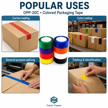 Promotional graphic for Total Tapes OPP-20C colored packaging tape, showing four usage panels: carton sealing, color coding, general-purpose splicing, and tabbing & identification, with a central stack of multicolored tape rolls.