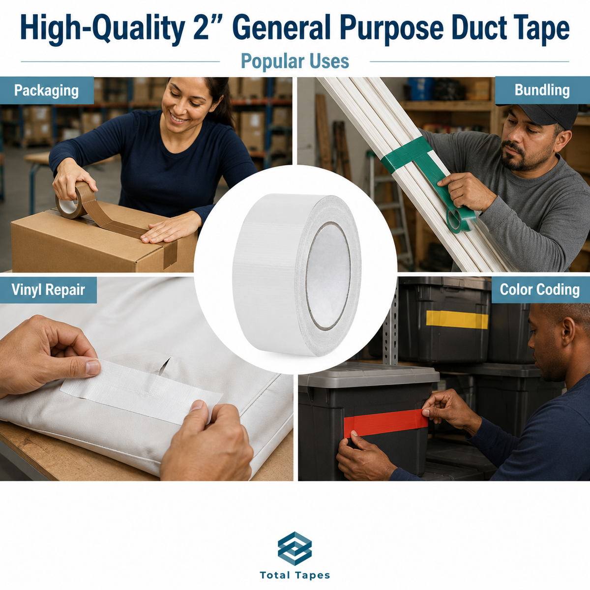 A roll of high-quality 2-inch general purpose duct tape centered on a four-panel collage showing its popular uses: packaging, bundling, vinyl repair, and color coding. The top of the image features the text 'High-Quality 2" General Purpose Duct Tape' and the brand 'Total Tapes' is displayed at the bottom.