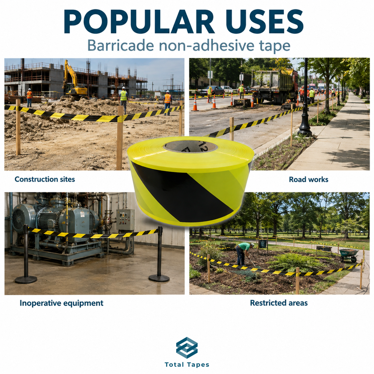 Promotional graphic for Total Tapes Barricade non-adhesive tape, showing a large roll of yellow tape with black diagonal stripes over four usage examples: construction sites, road works, inoperative equipment, and restricted areas.