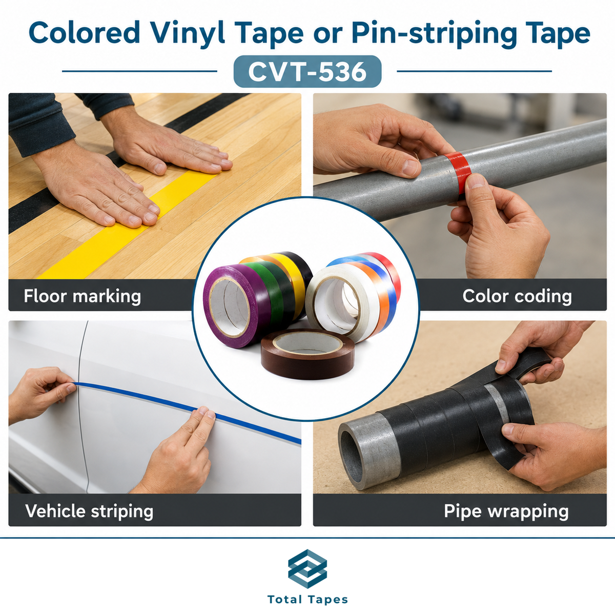 Promotional graphic for Total Tapes product CVT-536 colored vinyl tape or pin-striping tape, showing four lifestyle application examples (floor marking, color coding, vehicle striping, pipe wrapping) and a central product display of multiple colored tape rolls.