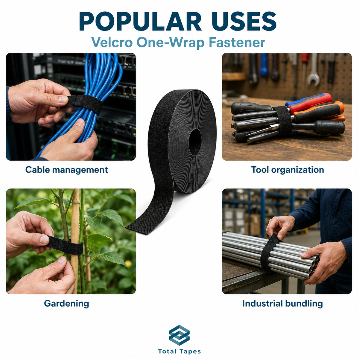 A promotional graphic for a roll of black Velcro One-Wrap Fastener, showing a central roll of the black tape and four inset lifestyle photos demonstrating use in cable management, tool organization, gardening, and industrial bundling. The Total Tapes logo appears at the bottom.