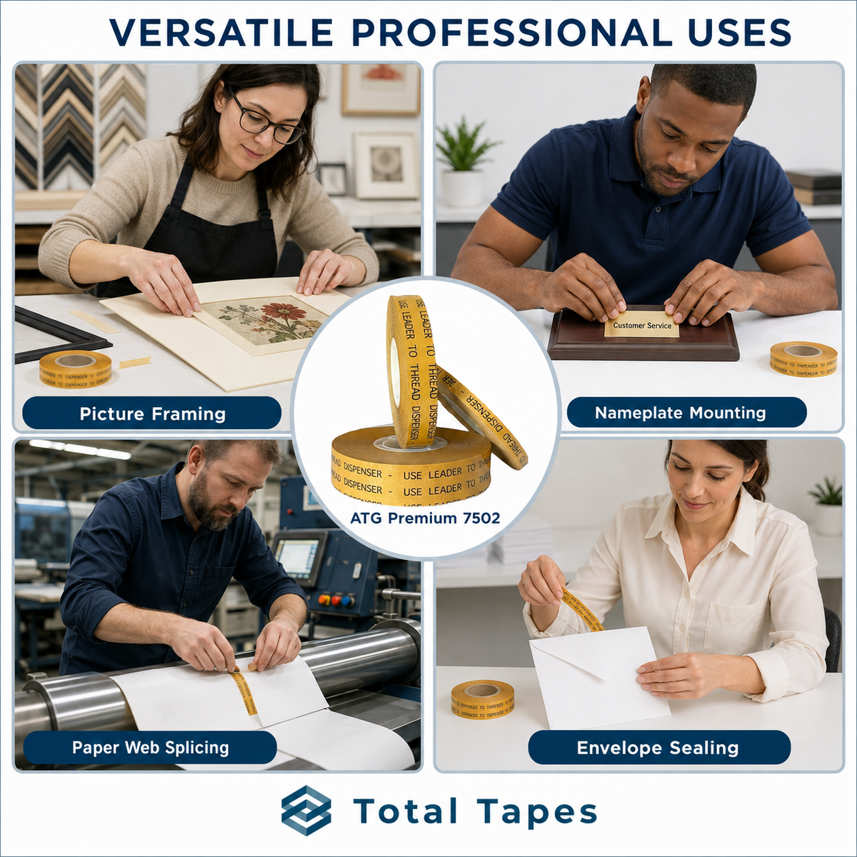 ATG Premium 7502 application collage showing framing, nameplates, splicing, and envelope sealing
