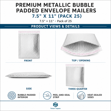 Promotional infographic for Total Tapes premium metallic bubble padded envelope mailers, showing front, top/opening, side, and three-quarter views of a silver reflective mailer on a white background with text detailing dimensions and features.