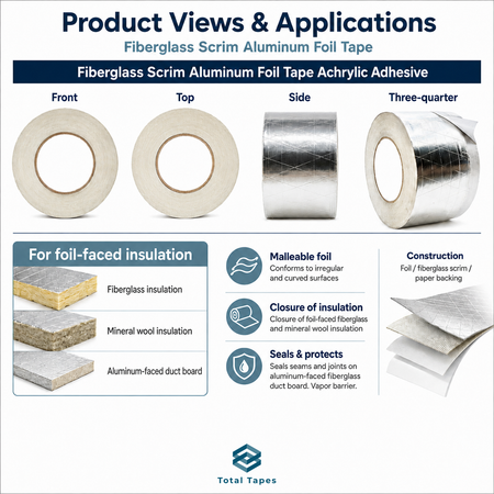An informational product graphic for Total Tapes Fiberglass Scrim Aluminum Foil Tape, showing four views of the tape rolls (Front, Top, Side, Three-quarter) and application details for fiberglass and mineral wool insulation.