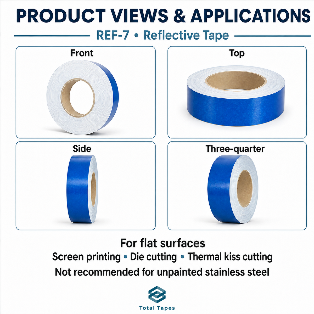 REF-7 blue reflective tape shown from several angles with application notes