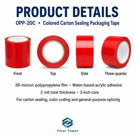 Product details graphic for Total Tapes OPP-20C colored carton sealing packaging tape, showing four views of a red tape roll with text describing the 28-micron polypropylene film, water-based acrylic adhesive, and 3-inch core.