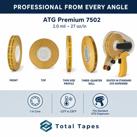 ATG Premium 7502 tape shown from several angles and loaded in a dispenser