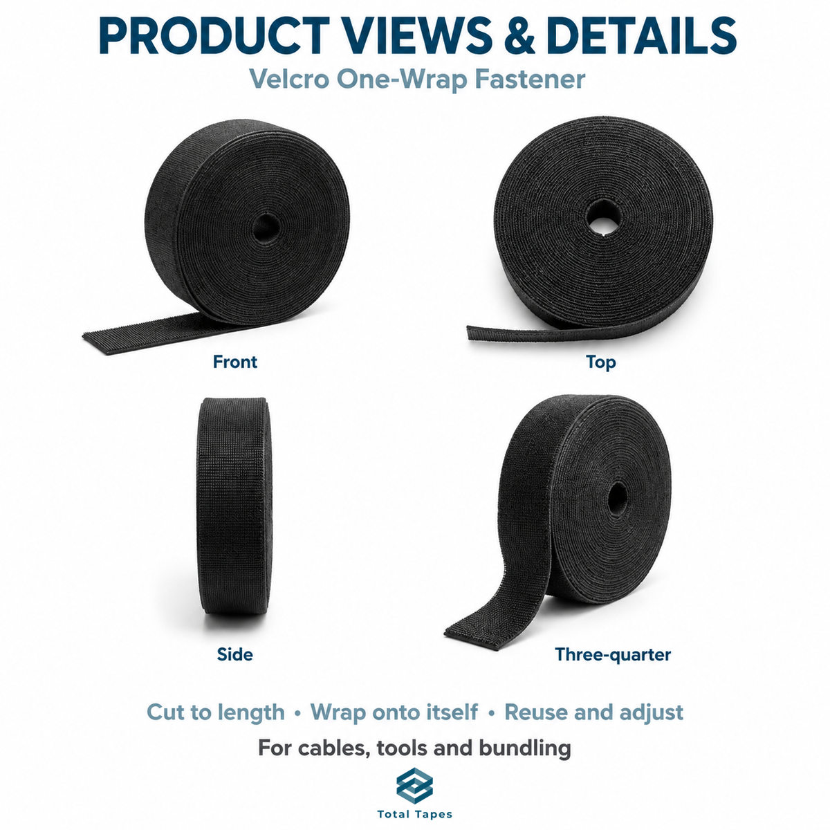 Product views and details graphic showing black Velcro one-wrap fastener rolls from multiple angles: front, top, side, and three-quarter view, with text describing use for cables, tools, and bundling.