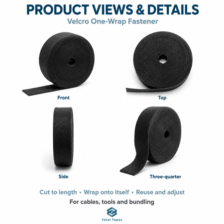 Product views and details graphic showing black Velcro one-wrap fastener rolls from multiple angles: front, top, side, and three-quarter view, with text describing use for cables, tools, and bundling.