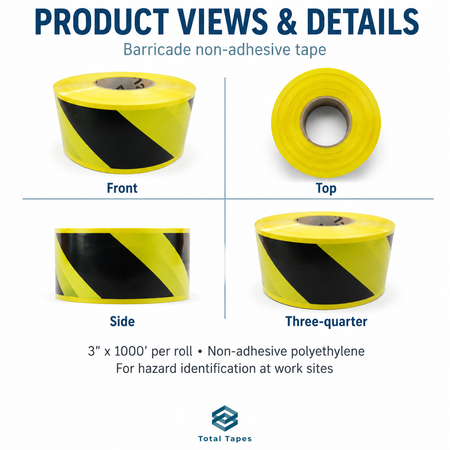 Product views and details graphic for a roll of barricade non-adhesive tape, showing Front, Top, Side, and Three-quarter views on a white background with the Total Tapes logo.