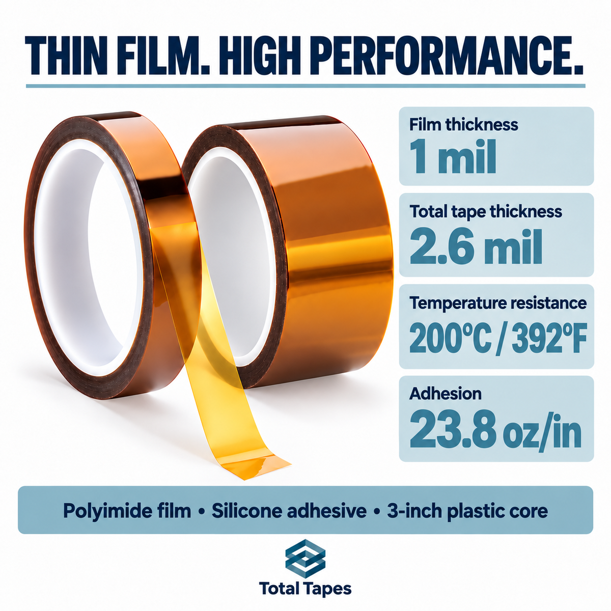 KPT-1 polyimide tape graphic with thickness and listed performance figures