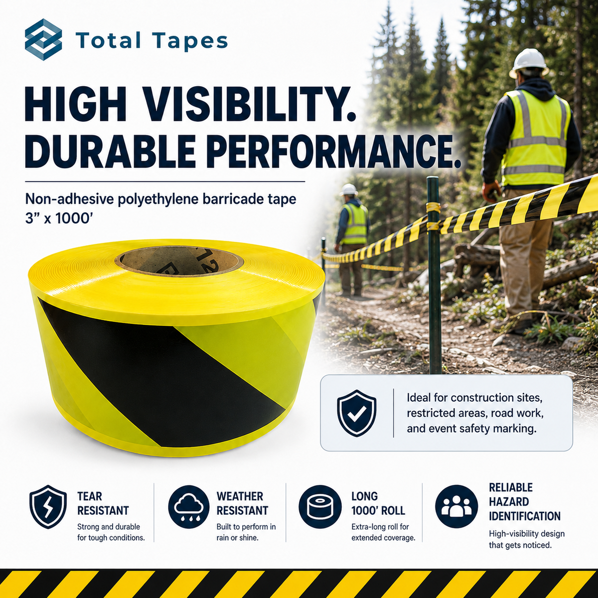A roll of yellow and black non-adhesive polyethylene barricade tape by Total Tapes, shown with marketing text, icons, and a construction-site lifestyle photo of workers wearing high-visibility vests and using the tape.