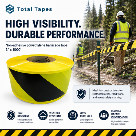 A roll of yellow and black non-adhesive polyethylene barricade tape by Total Tapes, shown with marketing text, icons, and a construction-site lifestyle photo of workers wearing high-visibility vests and using the tape.