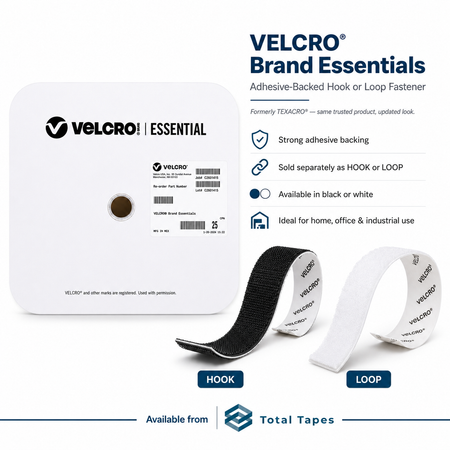 VELCRO Brand Essentials adhesive-backed hook or loop fastener product display on a white background, showing the white backing card, a black hook sample labeled HOOK, a white loop sample labeled LOOP, and feature callouts text including 'Strong adhesive backing,' 'Sold separately as HOOK OR LOOP,' and 'Available in black or white.'.